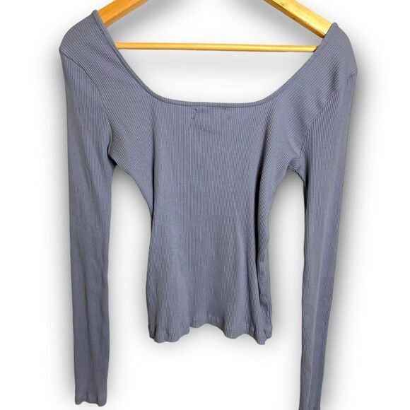 UO Urban Outfitters Square Neck Ribbed Ling Sleeve Crop Top L - Picture 4 of 9